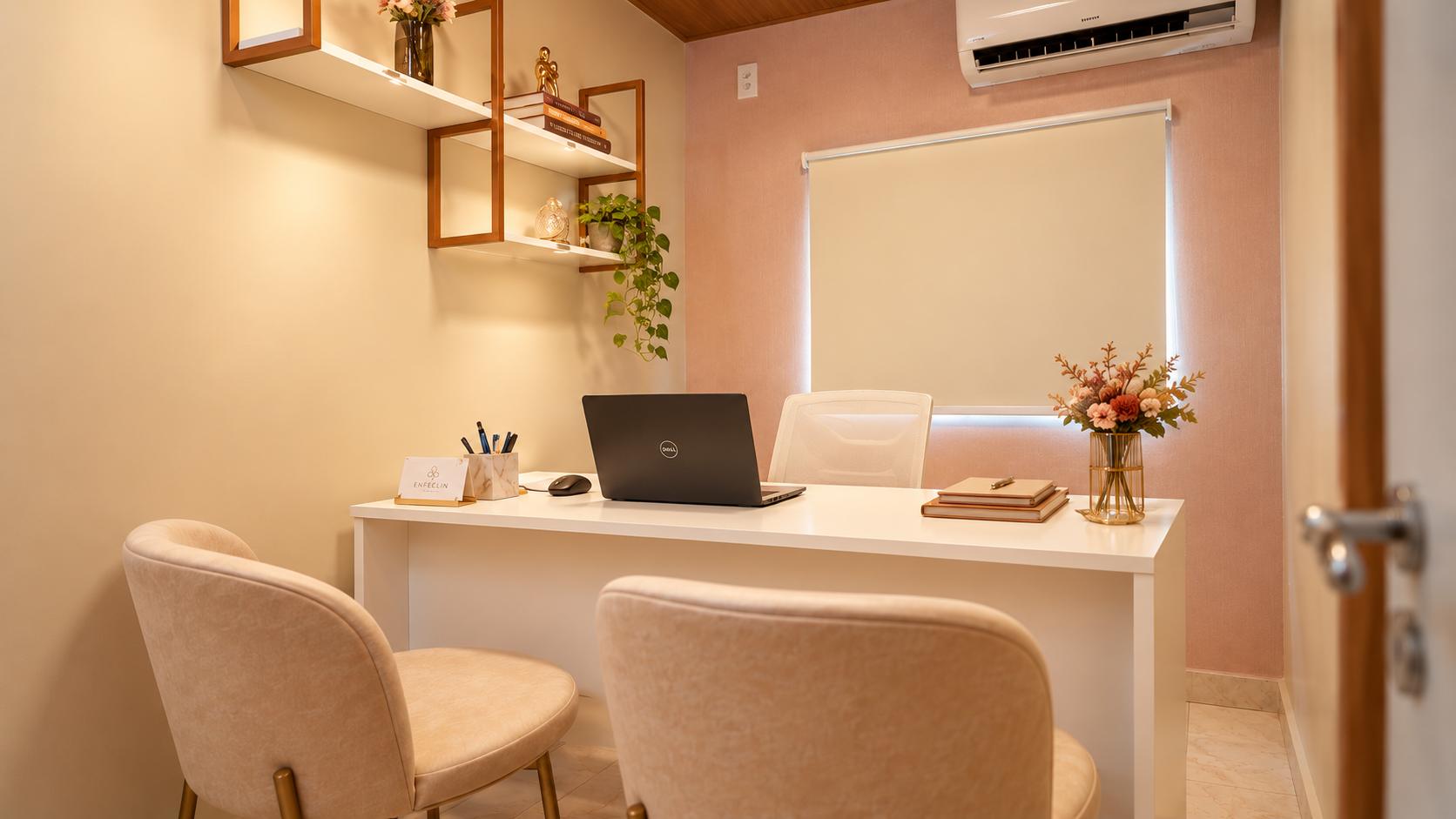 Ambiente de atendimento da ENFECLIN, com foco na mesa de atendimento.