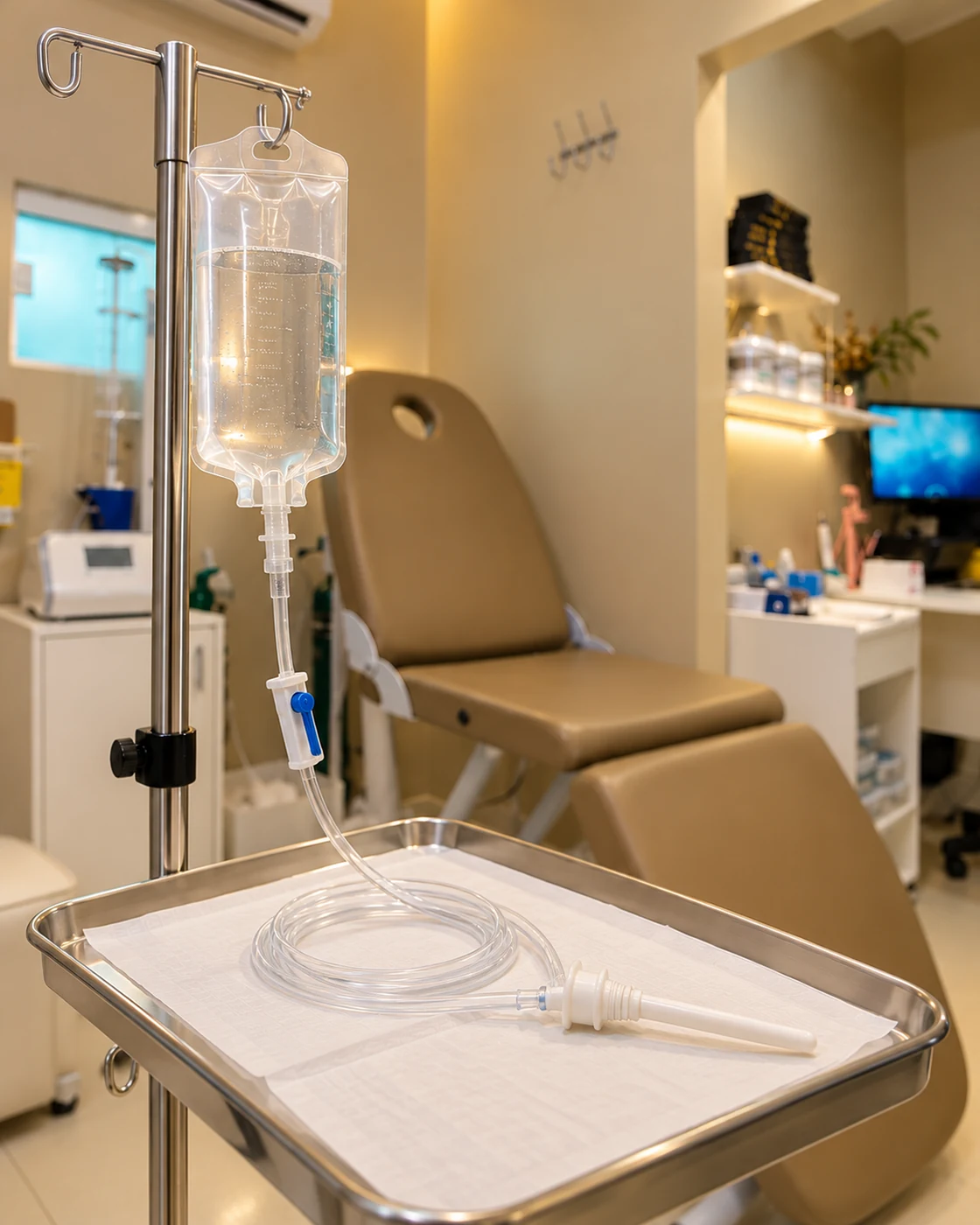 Equipamento preparado para enema com água ozonizada em ambiente clínico da ENFECLIN